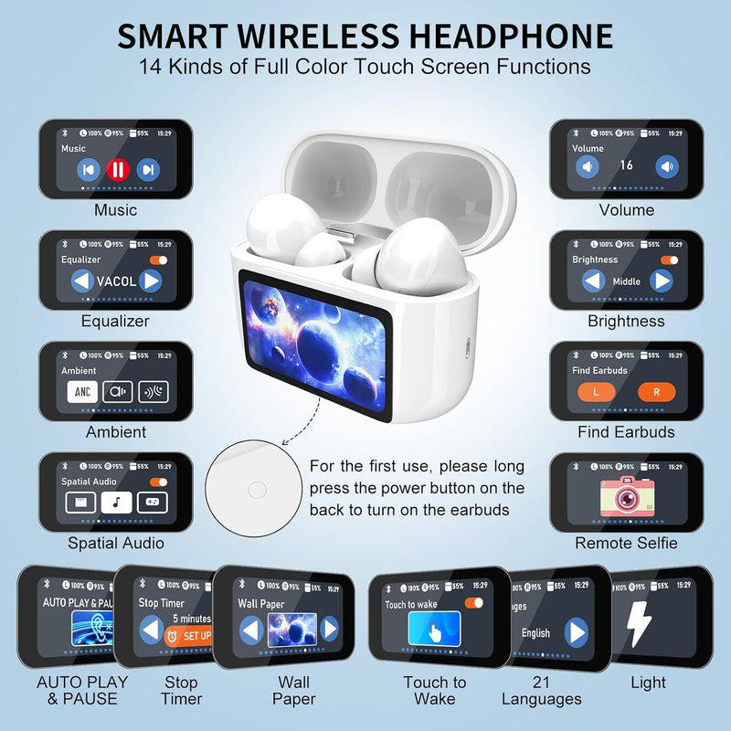 Wireless Earbuds, 5.4 Bluetooth Headphones With Touch Screen Ear Buds, ANC ENC Noise Cancelling Earbuds Headphones With Microphone, Wireless Bluetooth In Ear Earphones For Android IOS Phones