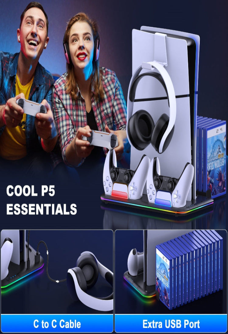 Two gamers enjoying with PS5 accessories including headphones, controllers, and game storage. Cool gaming setup.