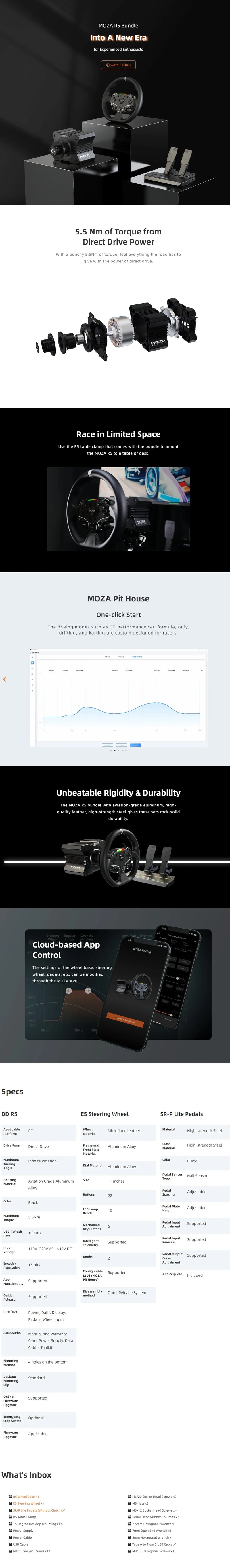 MOZA Racing R5 Direct Drive Wheel Base 5.5 N·m Peak Torque APP Cloud Control with Steering Wheel ,Pedals,Table Clamp
