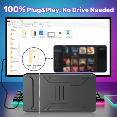 Plug and play retro gaming hard drive for Windows PC, showcasing user-friendly LaunchBox OS interface.