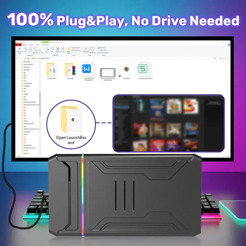 Plug and play retro gaming hard drive for Windows PC, showcasing user-friendly LaunchBox OS interface.
