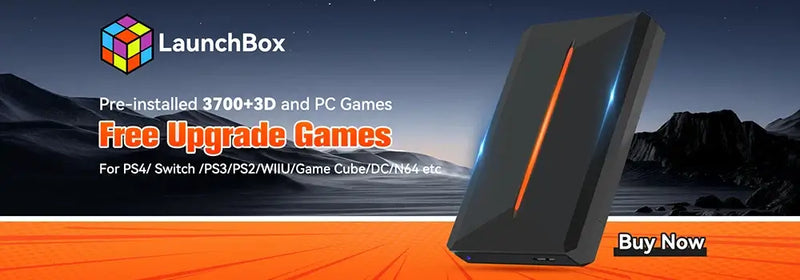 LaunchBox gaming HDD with 3700+ games for PS4, Switch, PS3, and more, featured with 'Buy Now' button.