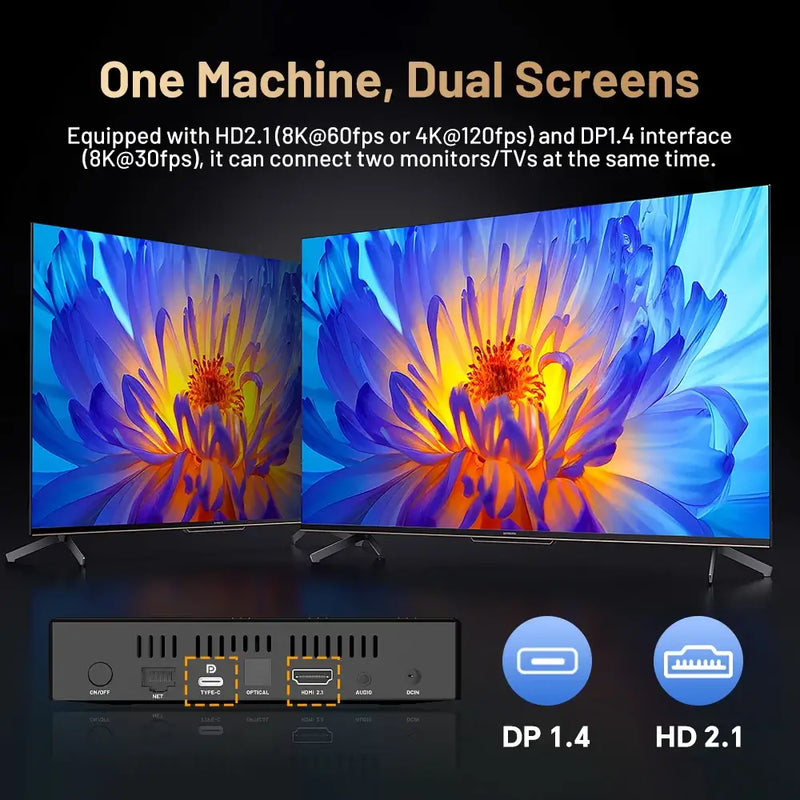 Dual monitor setup showcasing HD 2.1 and DP 1.4 connectivity for high-resolution display options.