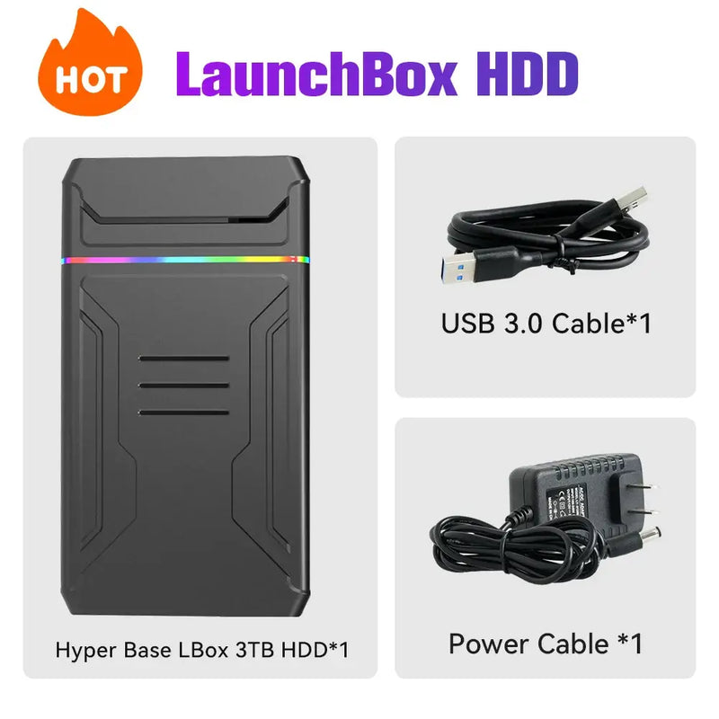 LaunchBox HDD with 3TB capacity, USB 3.0 and power cables included for retro gaming consoles.