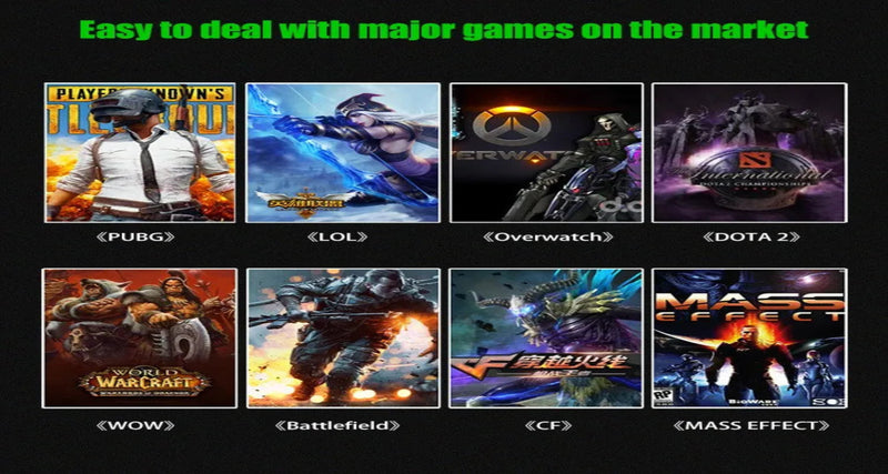Collage of major video games including PUBG, LOL, Overwatch, and Mass Effect, highlighting popular titles available.