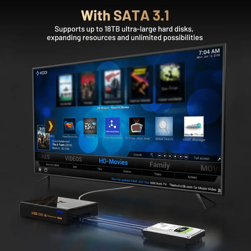 SATA 3.1 media player connected to TV, supporting 18TB hard disks for resource expansion.