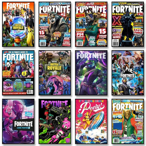 Collage of Fortnite magazine covers featuring characters, guides, and game updates for fans and collectors.