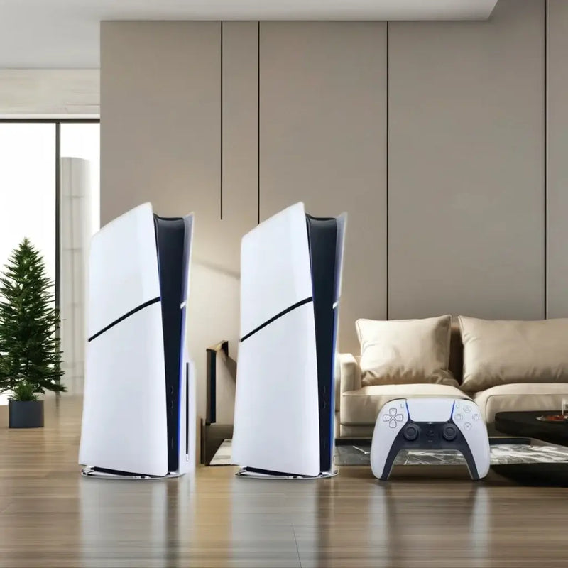 Brand new PS5 Slim digital console with controller in a stylish living room setting.