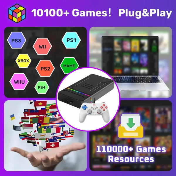 Plug and play retro gaming console with 10100+ games for PS1, PS2, PS3, Xbox, Wii and more; includes 110000+ game resources.