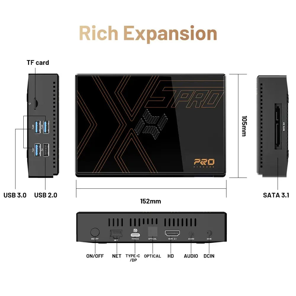 Kinhank Super Console X5 Pro showing ports and dimensions for easy expansion and connectivity.