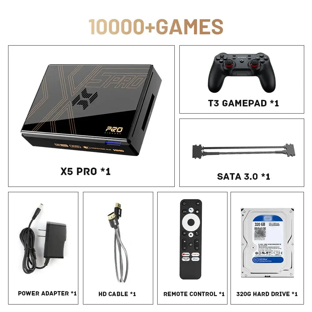 Kinhank Super Console X5 Pro with T3 gamepad, SATA 3.0, remote control, and 320GB hard drive, includes 10000+ games.