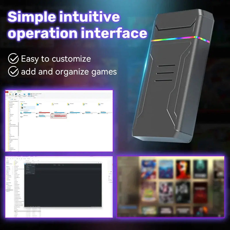 Video game hard drive with user-friendly interface for organizing and customizing games on various consoles.