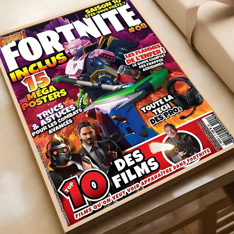 F-Fortnite magazine cover featuring characters and posters, vibrant colors, perfect for gaming fans and decor.