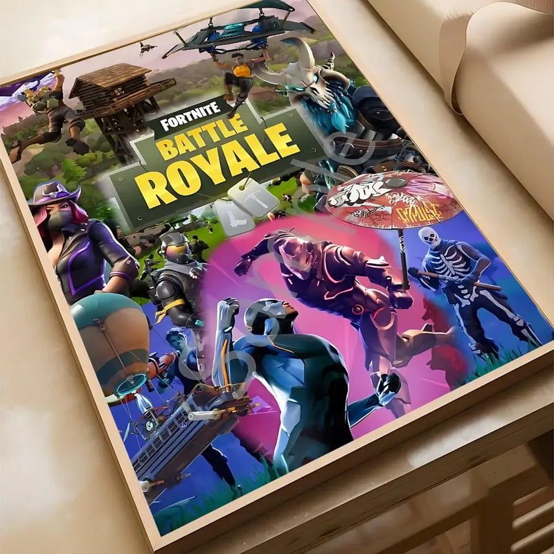 F-Fortnite Battle Royale poster art for living room, bar, and cafe decor, featuring vibrant game characters and scenes.