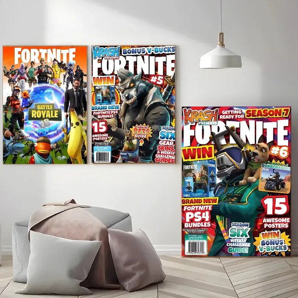 Fortnite game posters displayed on living room wall, featuring characters and gameplay guides, modern home decor.