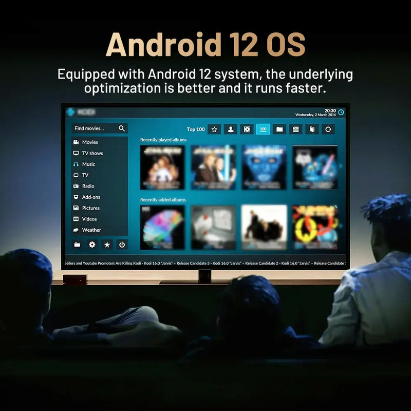 TV screen displaying Android 12 OS interface with media options, highlighting faster performance and optimization.
