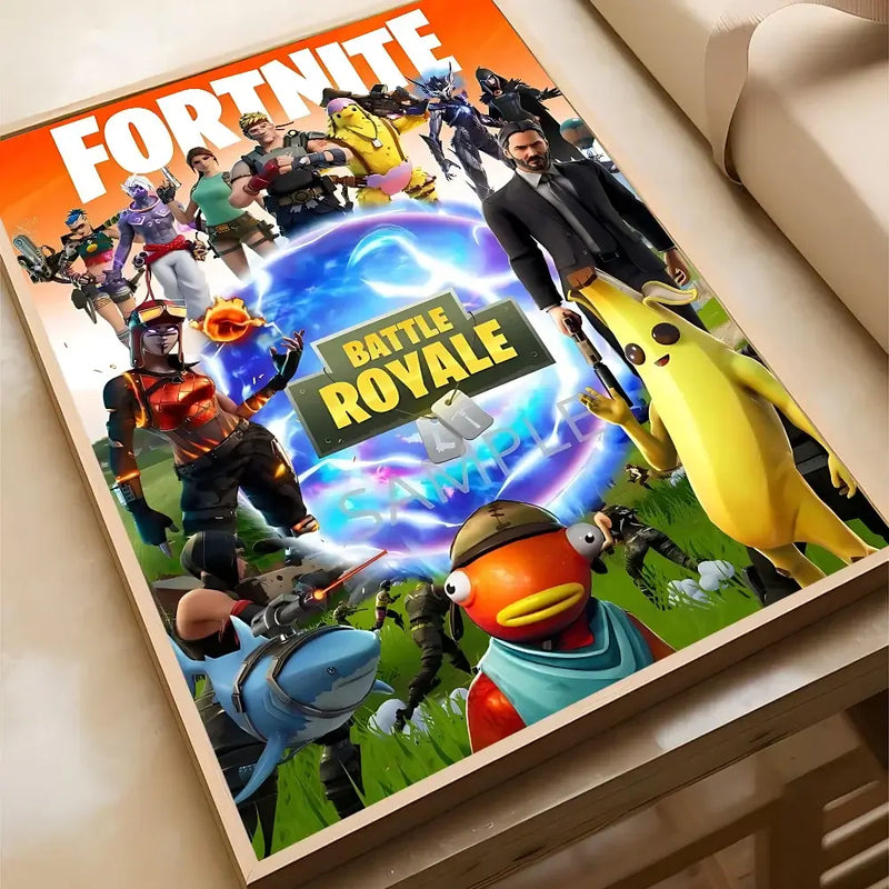F-Fortnite poster featuring colorful characters and Battle Royale theme, perfect wall art for living rooms and cafes.