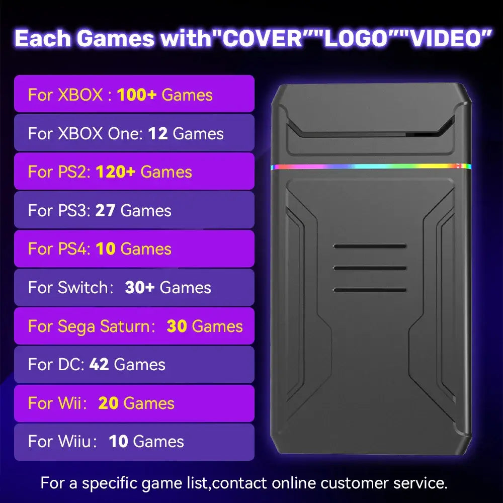 Video Game Console HDD showing game counts for various systems: Xbox, PS, Switch, Wii, and more.