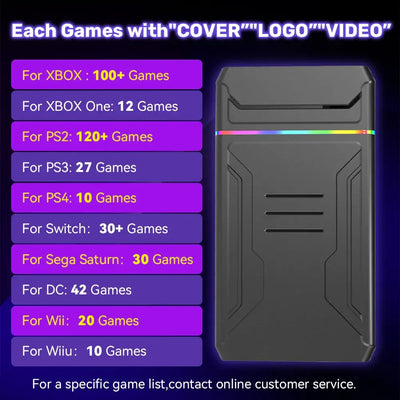 Video Game Console HDD showing game counts for various systems: Xbox, PS, Switch, Wii, and more.