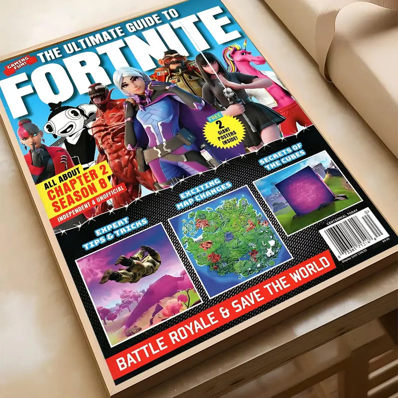 Fortnite game guide magazine cover featuring characters, maps, and strategies, perfect for gamers and fans.
