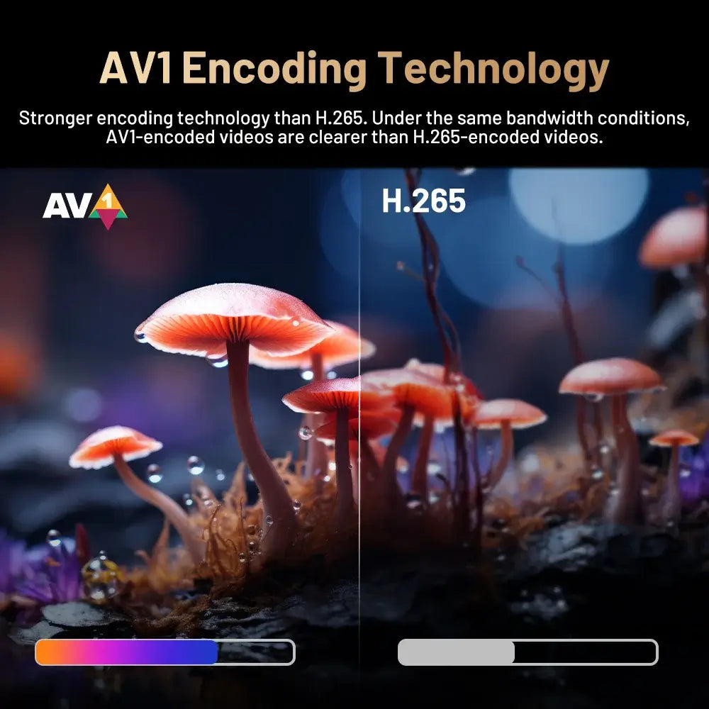 Comparison of AV1 and H.265 encoding technologies showcasing clearer AV1 video quality with colorful mushroom visuals.