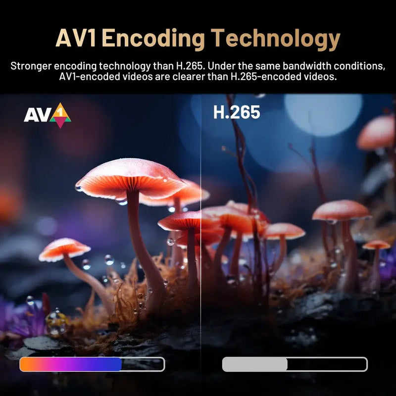 Comparison of AV1 and H.265 encoding technologies showcasing clearer AV1 video quality with colorful mushroom visuals.