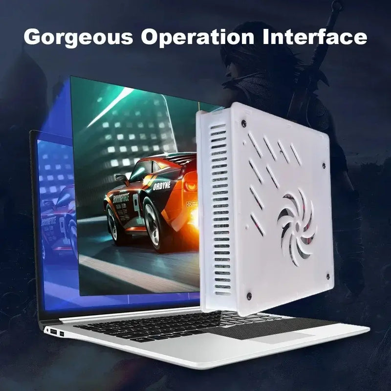 Gorgeous operation interface showcasing retro video game console next to a laptop displaying racing game.