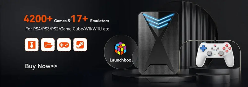 Video game console featuring 4200+ games and 17 emulators for PS4, PS3, PS2, GameCube, Wii, and WiiU.