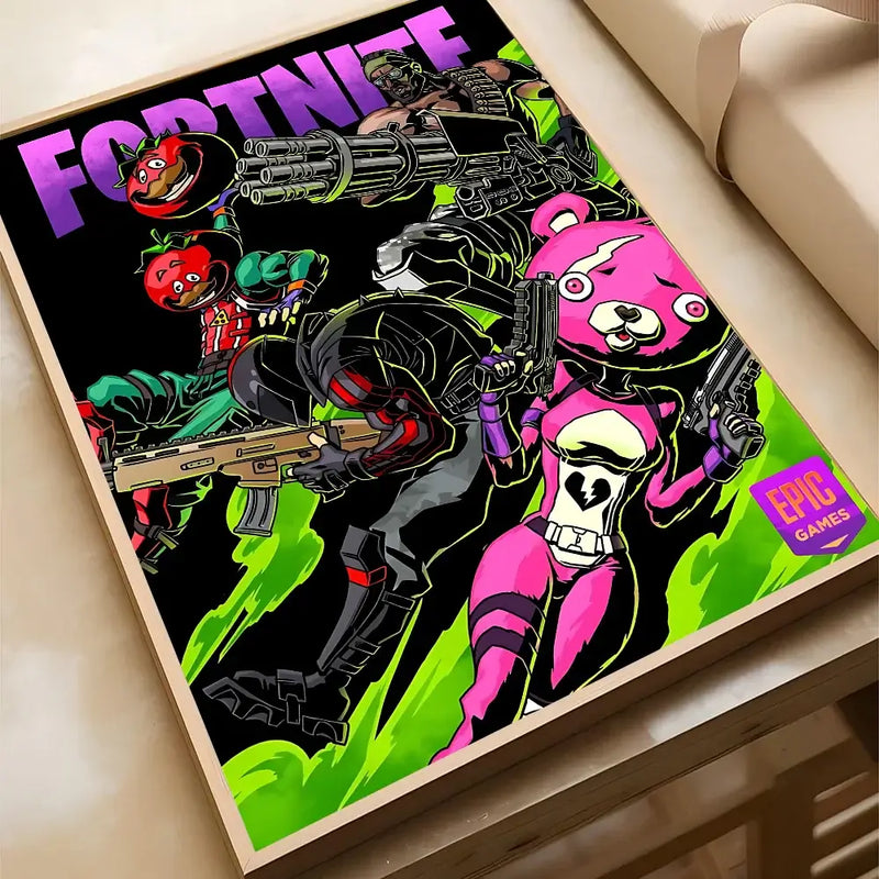 F-Fortnite game poster featuring colorful characters with guns, ideal for home decor in living rooms or cafes.