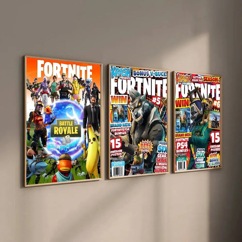 Fortnite magazine covers featuring characters and artwork, perfect for gaming decor in living rooms or cafes.