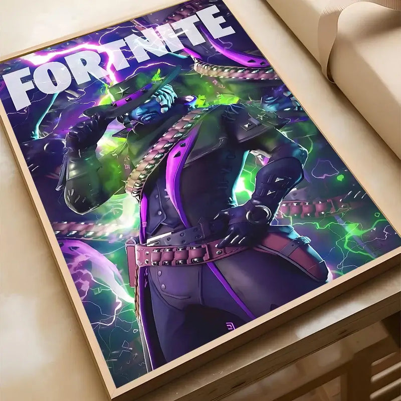 F-Fortnite game poster featuring a character in stylish outfit with vibrant colors, ideal for home or cafe decor.