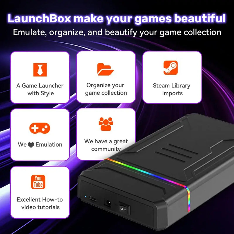 LaunchBox gaming hard drive features: organize games, Steam imports, community support, and video tutorials.