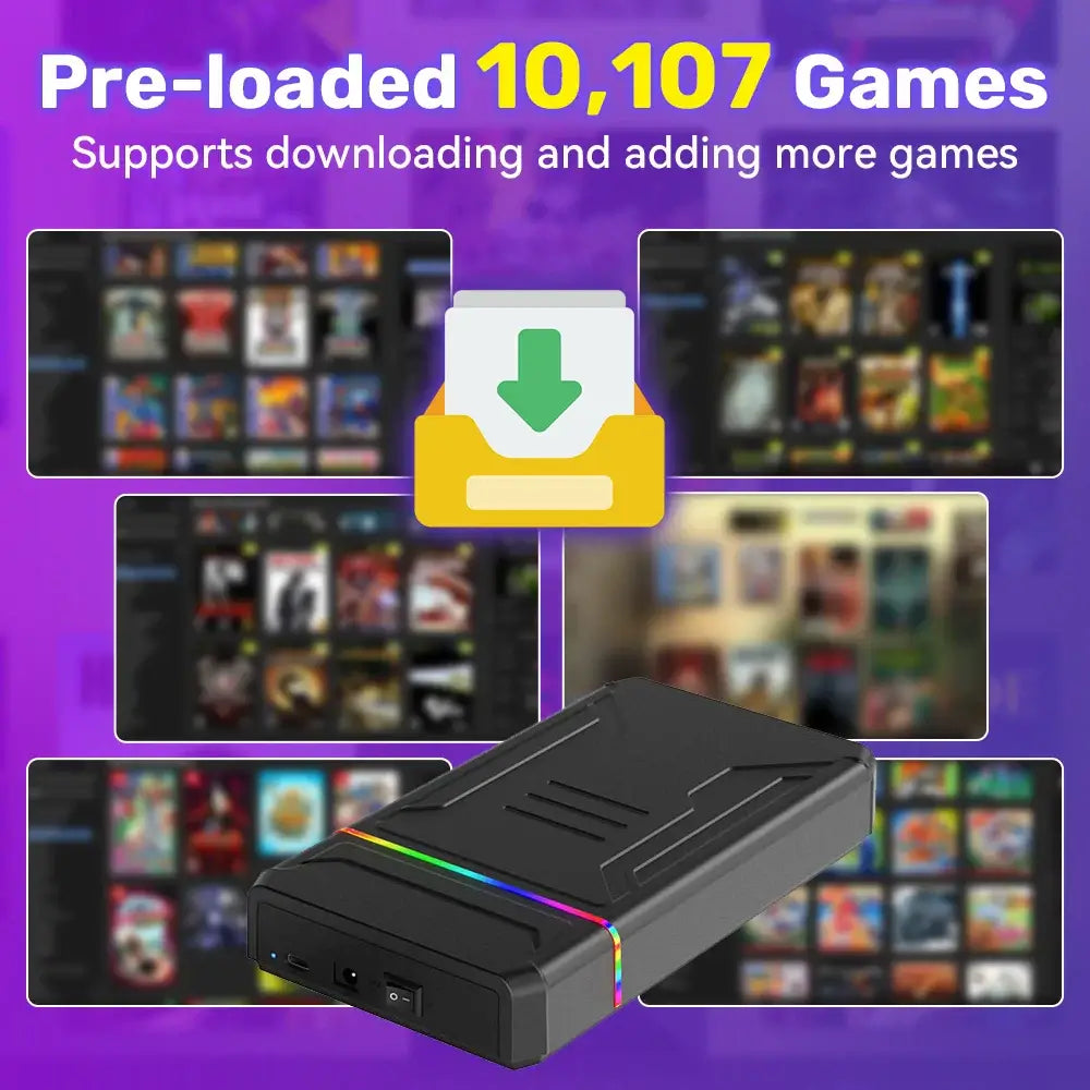 Video game console hard drive with 10,107 pre-loaded games, supports downloading more titles on Launchbox OS.