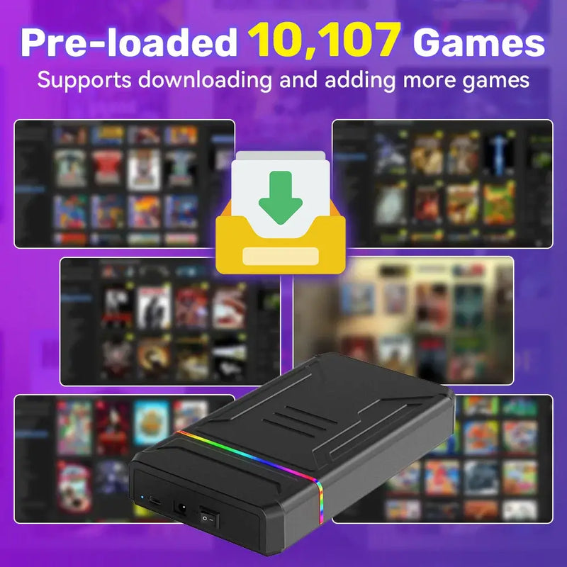 Video game console hard drive with 10,107 pre-loaded games, supports downloading more titles on Launchbox OS.