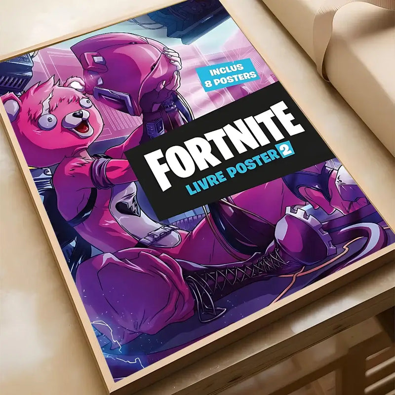F-Fortnite poster featuring colorful characters, ideal for home decor in living rooms or cafes, showcasing modern art style.
