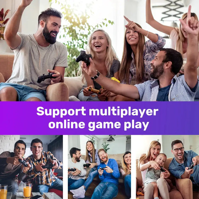 Group of friends enjoying multiplayer gaming together with excitement and joy, highlighting online gameplay support.
