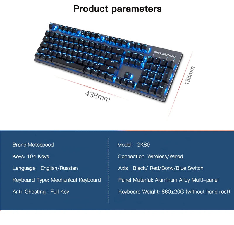 GK89 Motospeed Mechanical Gaming Keyboard 2.4G Wireless Wired 104 Keys RGB Backlit ABS Keycaps Gaming Keyboard For PC Laptop