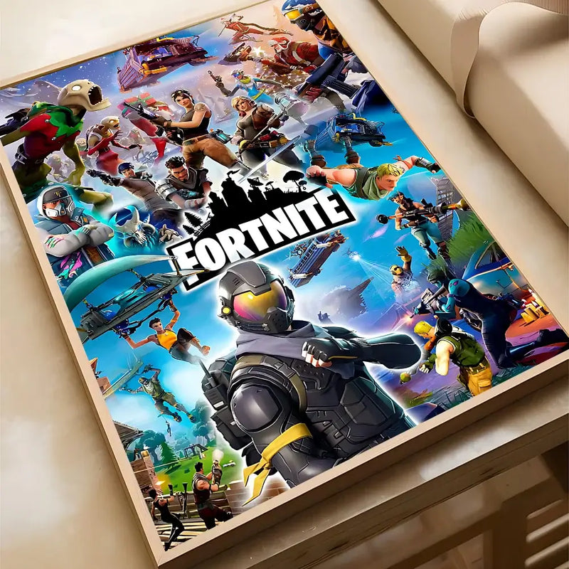 F-Fortnite game poster featuring vibrant characters and scenes, ideal for home decor in living rooms or cafes.