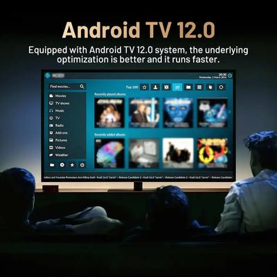 Android TV 12.0 interface showcasing optimization features for faster performance and media access.
