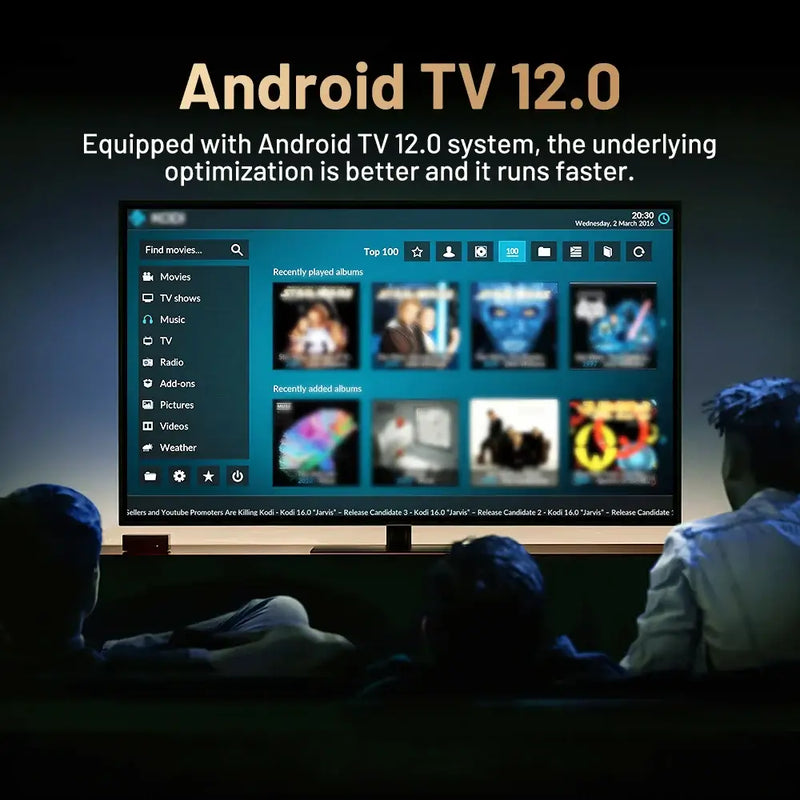 Android TV 12.0 interface showcasing optimization features for faster performance and media access.