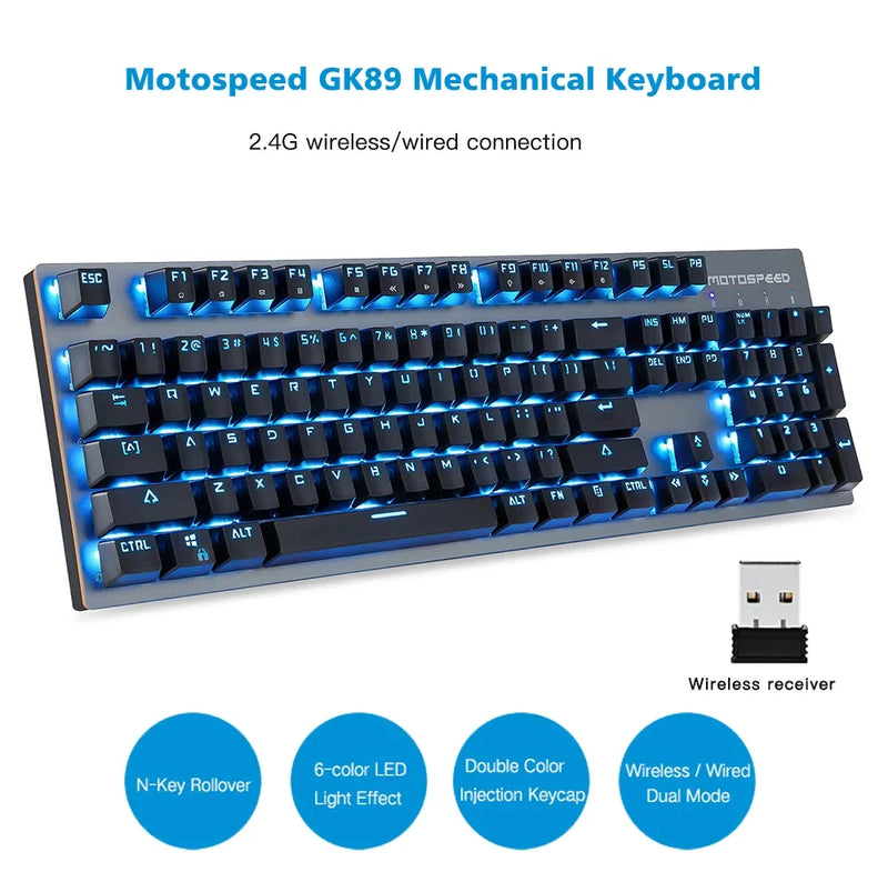 GK89 Motospeed Mechanical Gaming Keyboard 2.4G Wireless Wired 104 Keys RGB Backlit ABS Keycaps Gaming Keyboard For PC Laptop