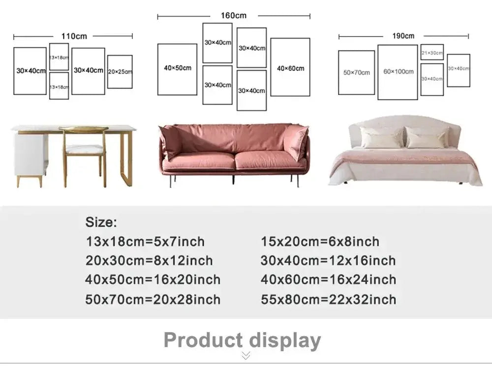 Size guide for home decor displaying furniture dimensions and product options for various interior styles.