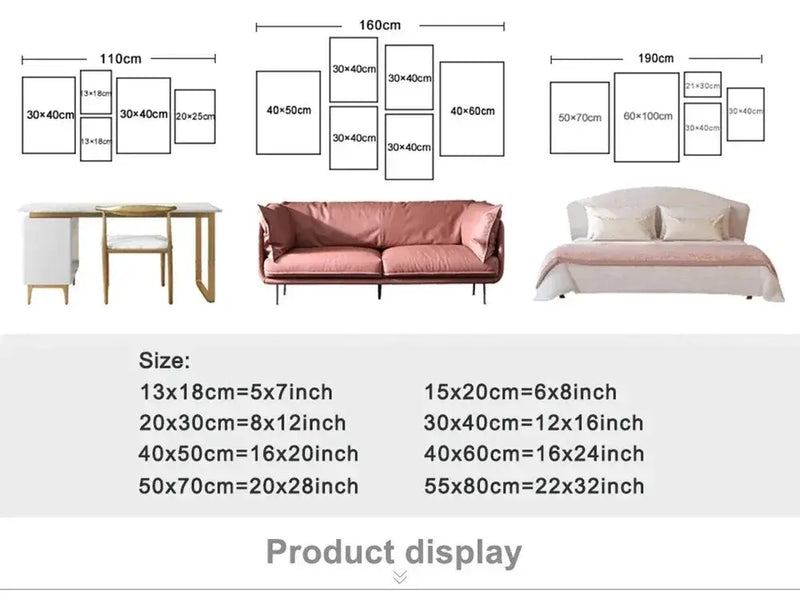 Size guide for home decor displaying furniture dimensions and product options for various interior styles.