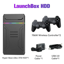 LaunchBox HDD with 3TB, includes 2 wireless controllers, power cable, and USB 3.0 cable for retro gaming.
