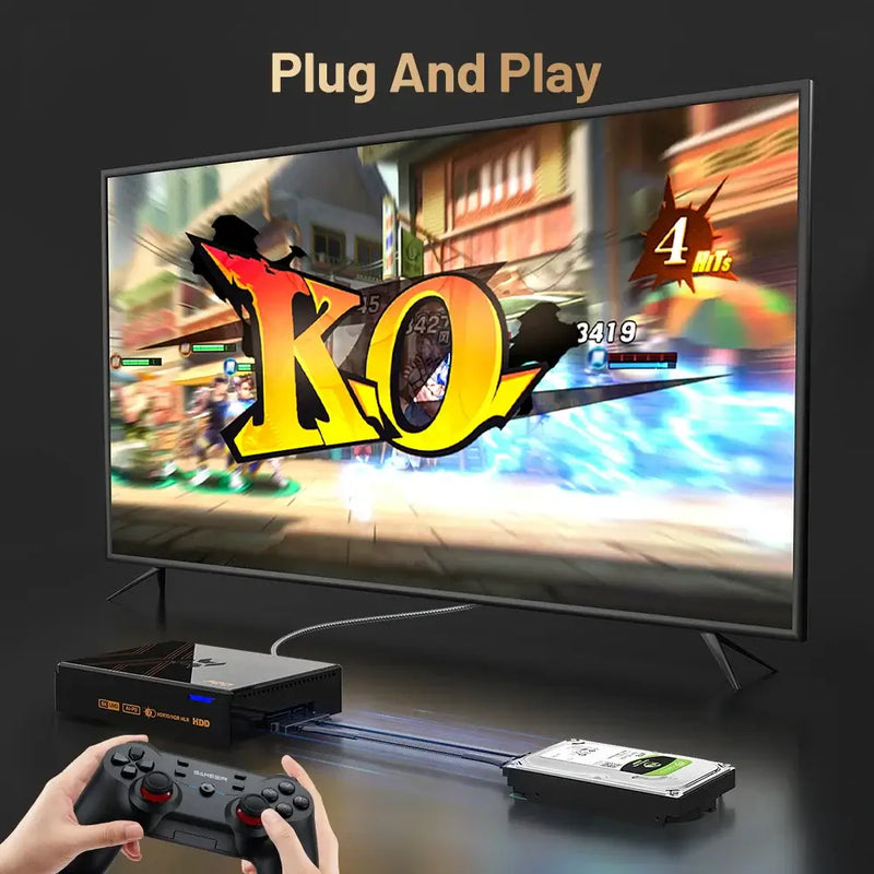 Person playing retro games on Kinhank Super Console X5 Pro with KO display on TV, showcasing plug and play feature.