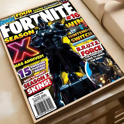 F-Fortnite Season X gaming magazine cover featuring character skins, vibrant colors, ideal for home decor.