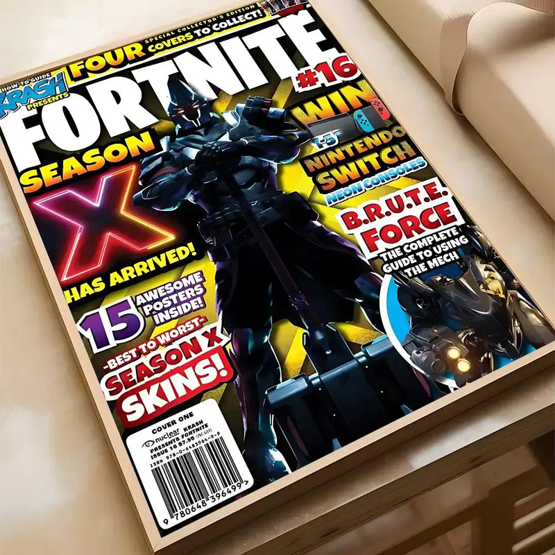 F-Fortnite Season X gaming magazine cover featuring character skins, vibrant colors, ideal for home decor.