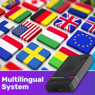 Launchbox OS gaming HDD featuring a multilingual system with flags of various countries.