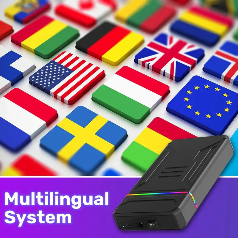 Launchbox OS gaming HDD featuring a multilingual system with flags of various countries.