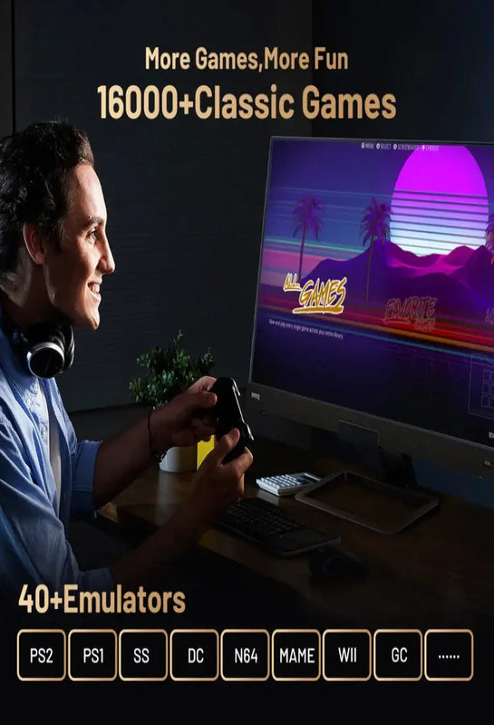 Person enjoying gaming on a computer with 16000+ classic games and 40+ emulators, including PS2 and N64.